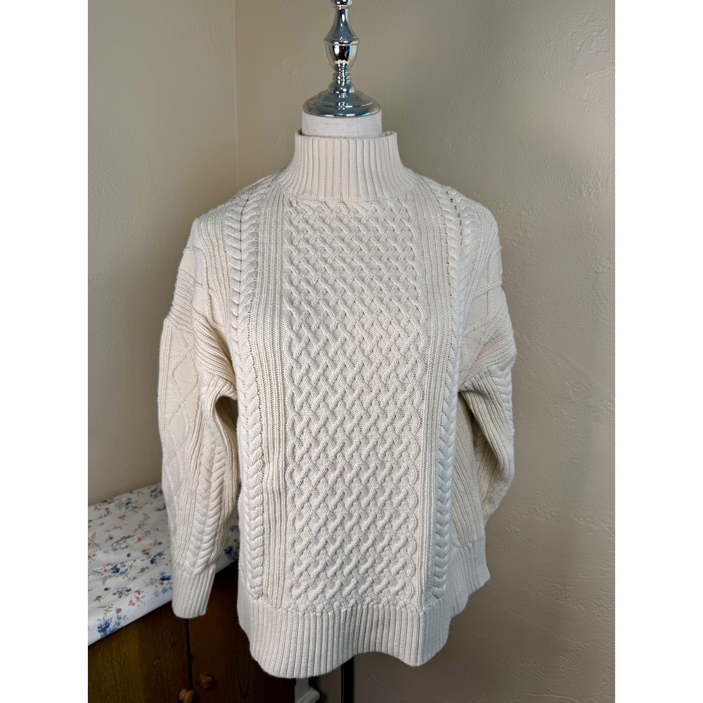 J.Crew Womens Ivory Cotton Cable Knit Fisherman Sweater Mock Neck BD709 Size M